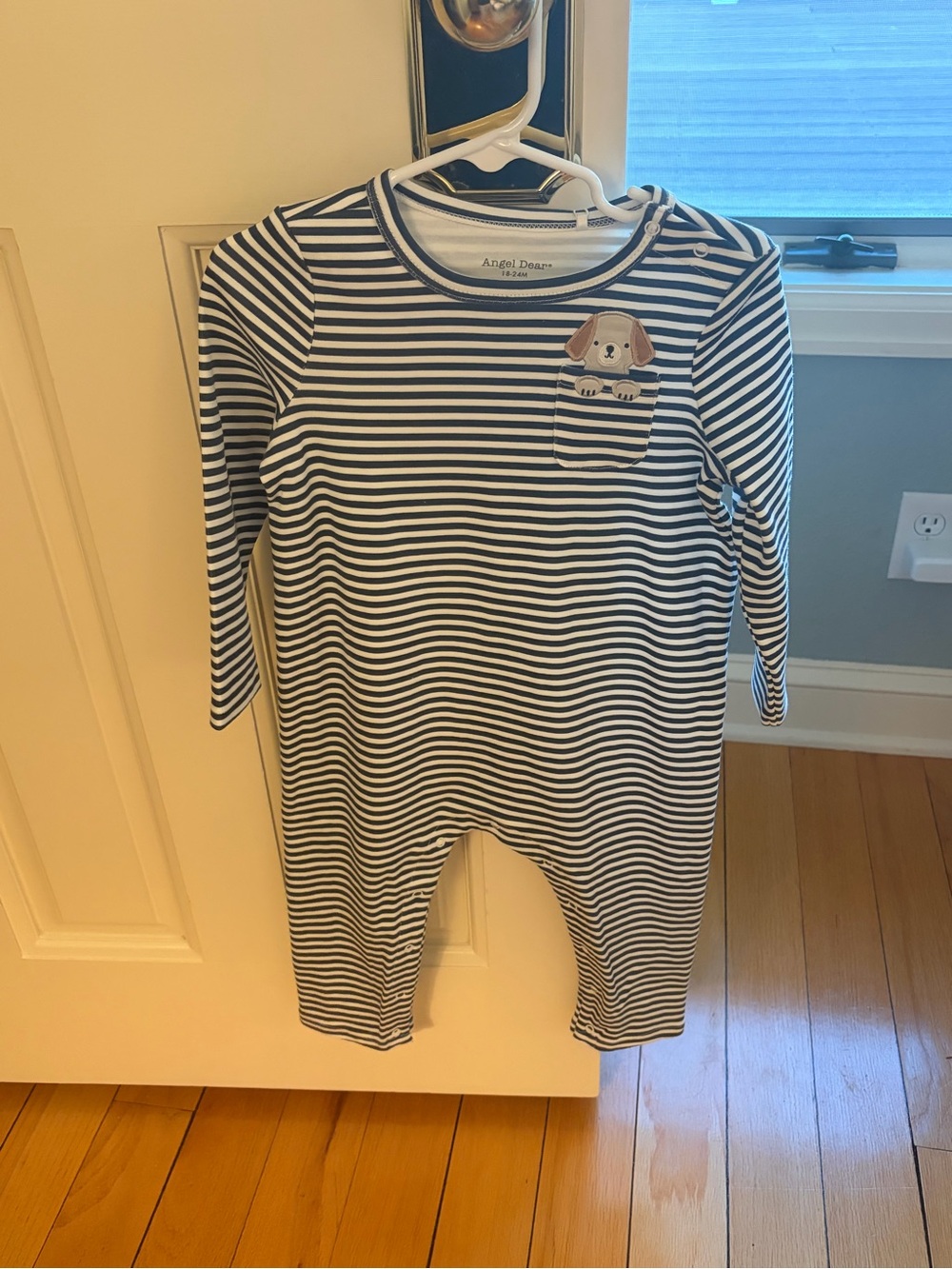 NWT Angel Dear Organic Cotton Stripe Puppy Appliqué Long Sleeve Romper 18-24M